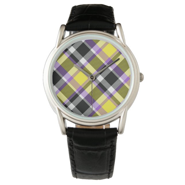 Quirky Eclectic Boho Nonbinary Plaid Pride Flag Watch (Front)