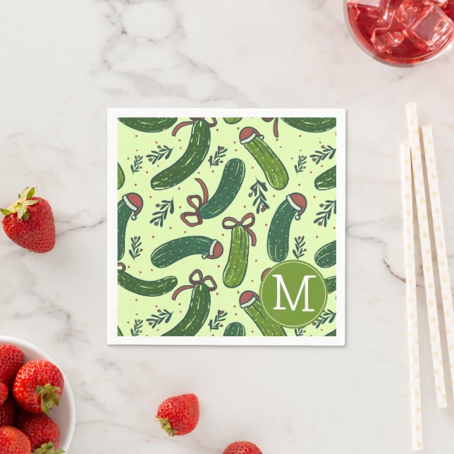 Quirky Festive Christmas Pickles Pattern Napkin (Insitu)