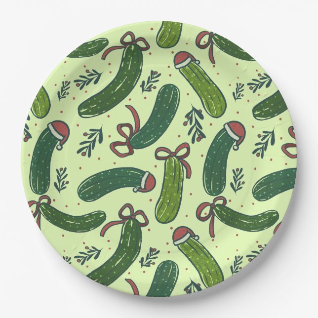 Quirky Festive Christmas Pickles Pattern Paper Plate (Front)