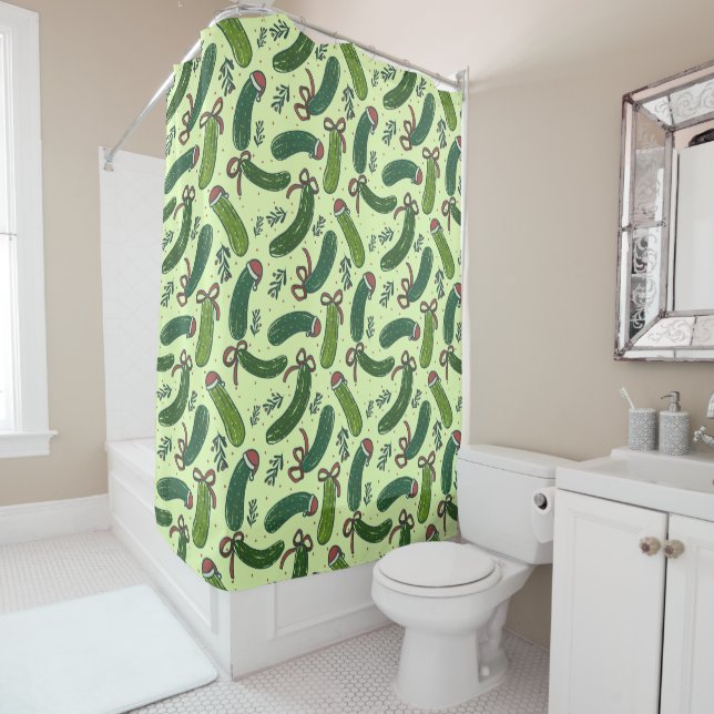 Quirky Festive Christmas Pickles Pattern Shower Curtain (In Situ)