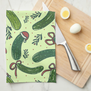 Quirky Festive Christmas Pickles Pattern Tea Towel