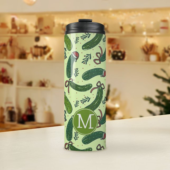 Quirky Festive Christmas Pickles Pattern Thermal Tumbler (Christmas Pickle Pattern with Monogram Tumbler)