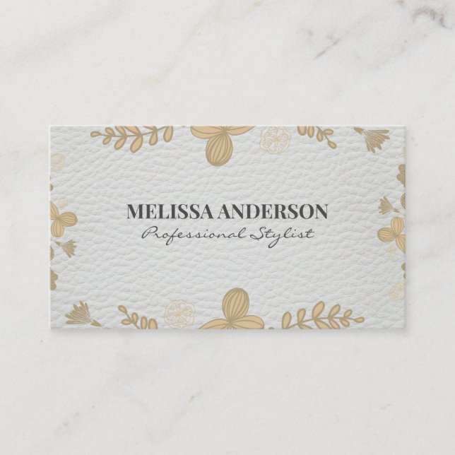 Quirky Floral Pattern White Leather Business Card (Front)