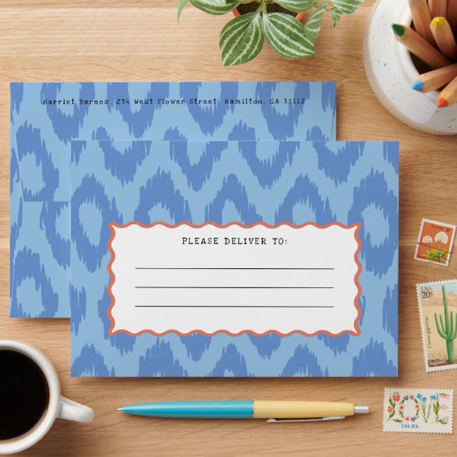 Quirky French Blue Ogee Pattern Wavy Line Label Envelope (Desk)