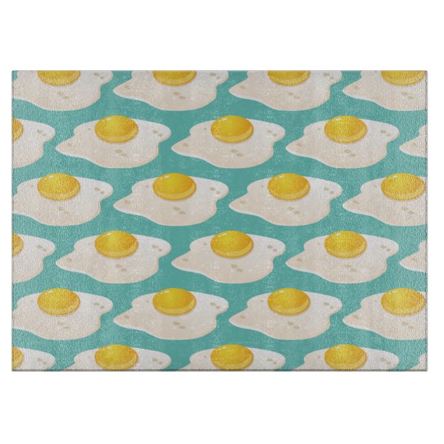 Quirky Fried Egg Graphic Pattern on Teal Cutting Board (Front)