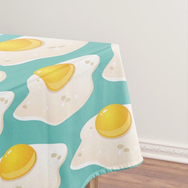 Quirky Fried Egg Graphic Pattern on Teal Tablecloth (In Situ)