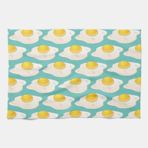 Quirky Fried Egg Graphic Pattern on Teal Tea Towel