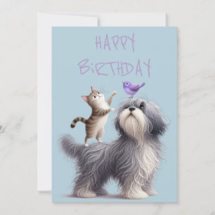 Quirky Friendship of Dog, Cat and Bird Holiday Card