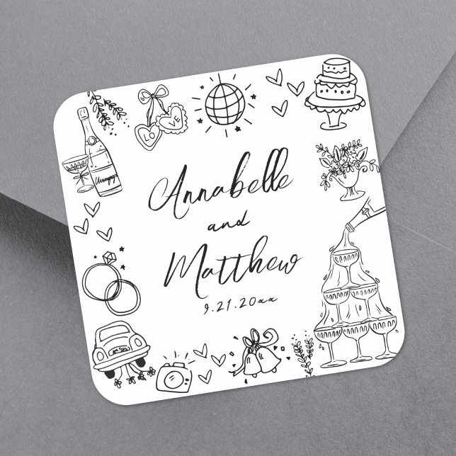 Quirky Fun Hand Drawn Whimsical Wedding Square Sticker (Quirky Fun Hand Drawn Whimsical Wedding Square Sticker)