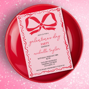 Quirky Galentines Day Party Pink and Red Bows Invitation