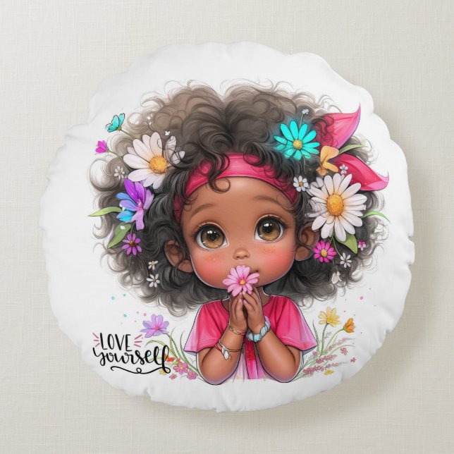 Quirky Girl Love Yourself Round Pillow (Front)