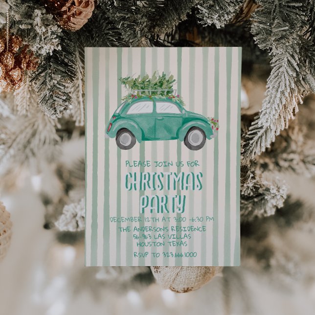 Quirky Green Hand Drawn Christmas Car Tree Party Invitation (Creator Uploaded)