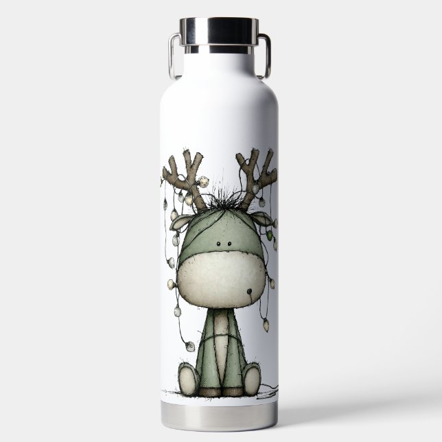 QUIRKY GREEN HOLIDAY CHRISTMAS REINDEER AND LIGHTS WATER BOTTLE (Front)