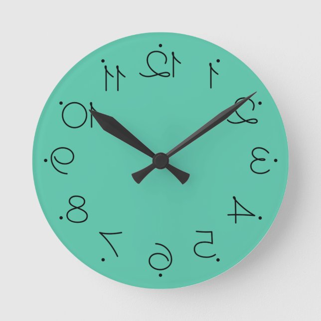 Quirky Green With Large Reversed Numbers Round Clock (Front)