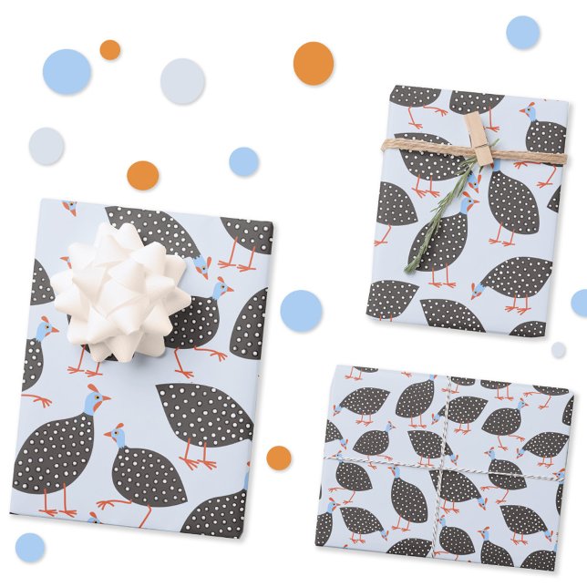 Quirky Guinea Fowl Bird Pattern Wrapping Paper Sheet (Fun guinea fowl or guinea hen wrapping paper sheets in three scales)