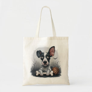 Quirky Halloween Pup: Spotted Dog with Basketball Tote Bag