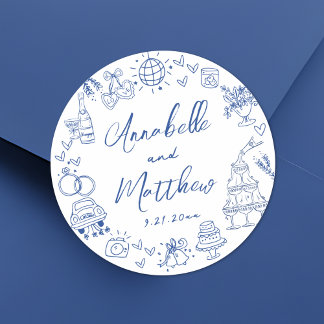 Quirky Hand Drawn Blue Whimsical Wedding Classic Round Sticker