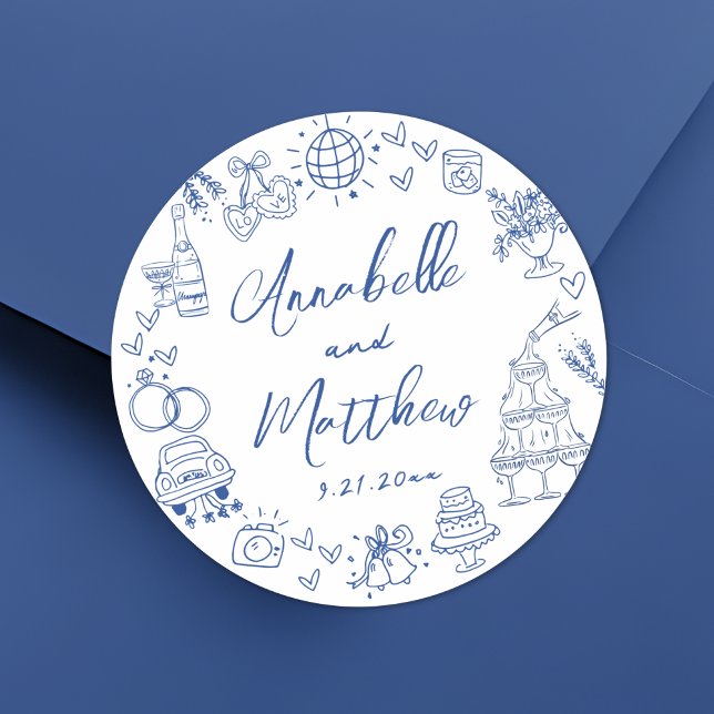 Quirky Hand Drawn Blue Whimsical Wedding Classic Round Sticker (Quirky Hand Drawn Blue Whimsical Wedding Classic Round Sticker)