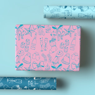 Quirky Hand Drawn Bows & Bubbly Pink & Blue Xmas Wrapping Paper Sheet