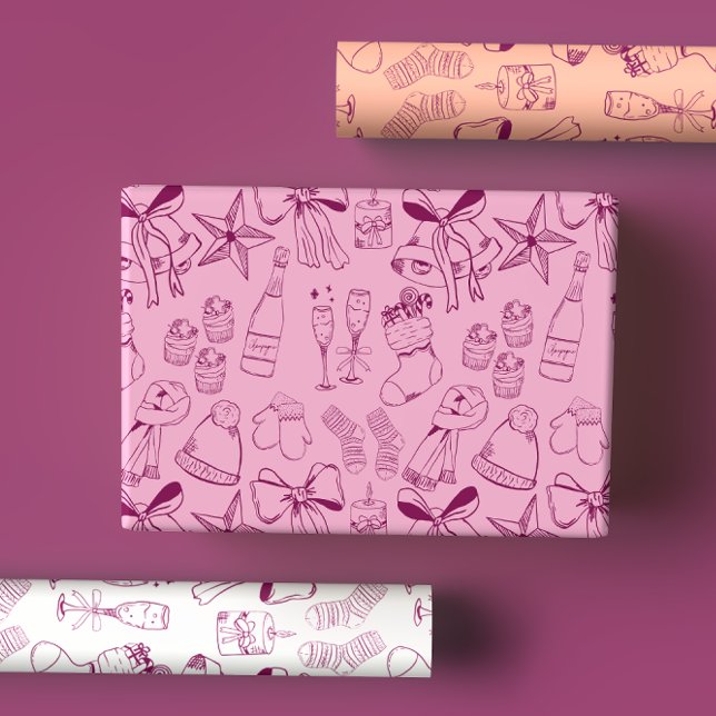Quirky Hand Drawn Bows & Bubbly Pink Xmas Party Wrapping Paper Sheet (Creator Uploaded)