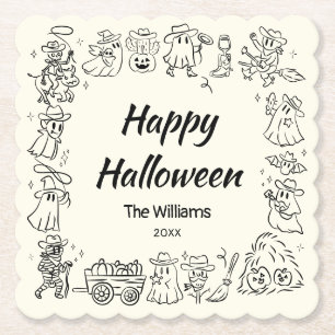 Quirky Hand Drawn Doodles Happy Halloween Paper Coaster