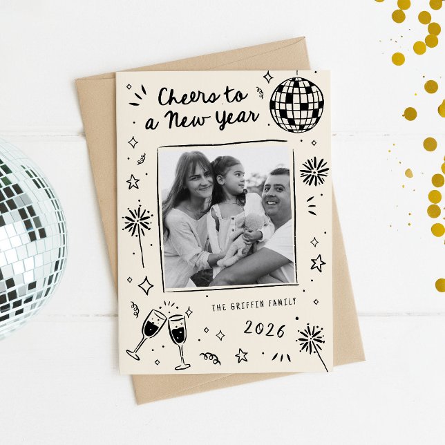 Quirky Hand-Drawn Doodles New Year Photo Black Holiday Card (quirky hand-drawn New Year's card doodles)