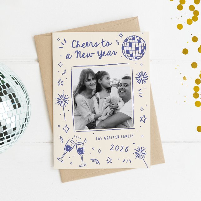 Quirky Hand-Drawn Doodles New Year Photo Blue Holiday Card (Blue New Year photo card with quirky hand-drawn doodles like fireworks and stars)