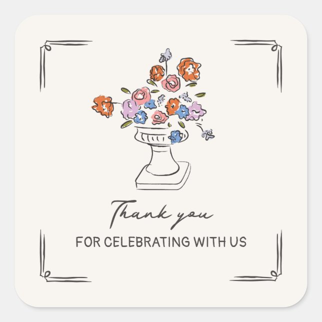Quirky Hand Drawn Floral Urn Bridal Shower Square Sticker (Front)