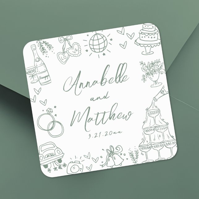 Quirky Hand Drawn Green Whimsical Wedding Square Sticker (Quirky Hand Drawn Green Whimsical Wedding Square Sticker)