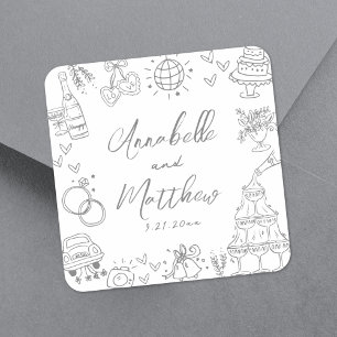 Quirky Hand Drawn Grey Whimsical Wedding Square Sticker