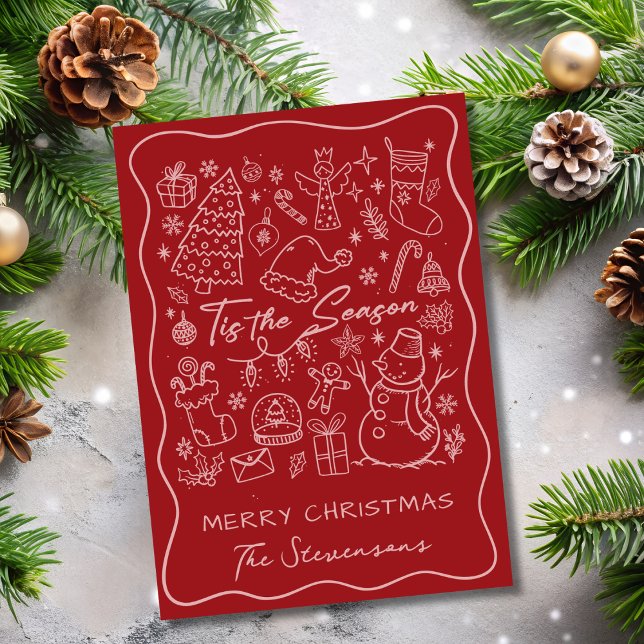Quirky Hand Drawn Red Pink Folded Photo Christmas  Holiday Card (Creator Uploaded)