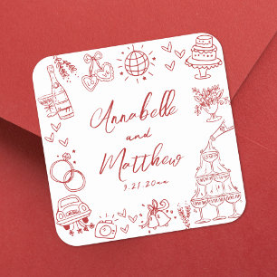Quirky Hand Drawn Red Whimsical Wedding Square Sticker