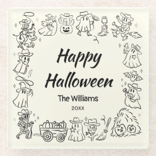 Quirky Hand Drawn Scribbles Halloween Glass Coaster