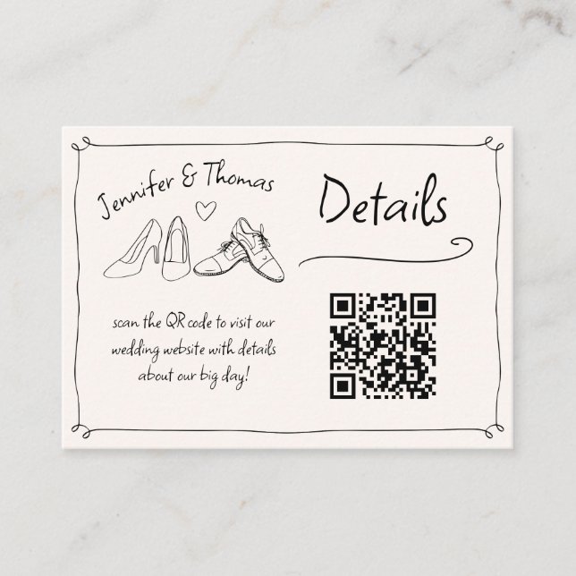 Quirky Hand Drawn Wedding Shoes QR Code Detail Enclosure Card (Front)