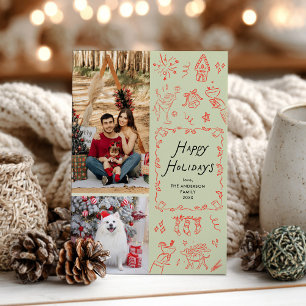Quirky Happy Holidays Hand Drawn Red Green 2 Photo Holiday Card
