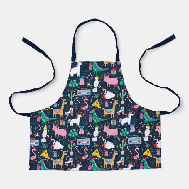 Quirky Holiday Animals and Icons Pattern Apron (Front)