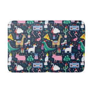 Quirky Holiday Animals and Icons Pattern Bath Mat