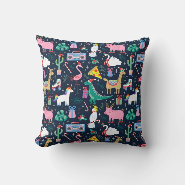 Quirky Holiday Animals and Icons Pattern Cushion (Front)