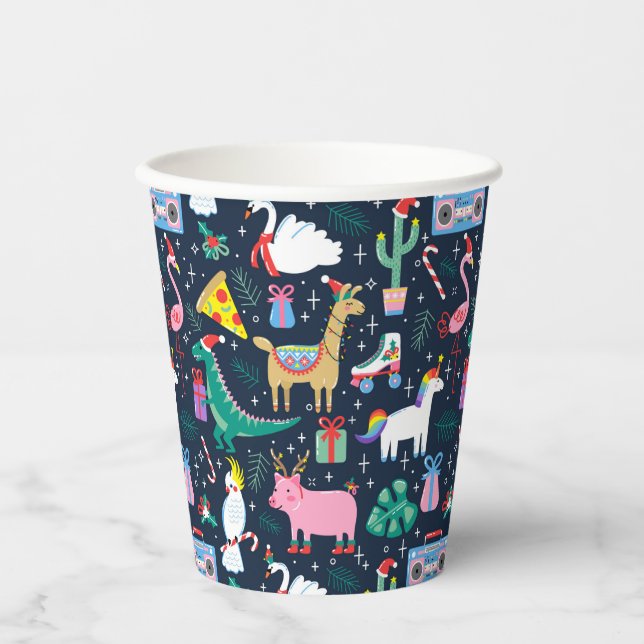 Quirky Holiday Animals and Icons Pattern Paper Cups (Front)