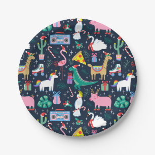 Quirky Holiday Animals and Icons Pattern Paper Plate