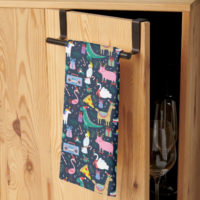 Quirky Holiday Animals and Icons Pattern Tea Towel (Thirds Fold)