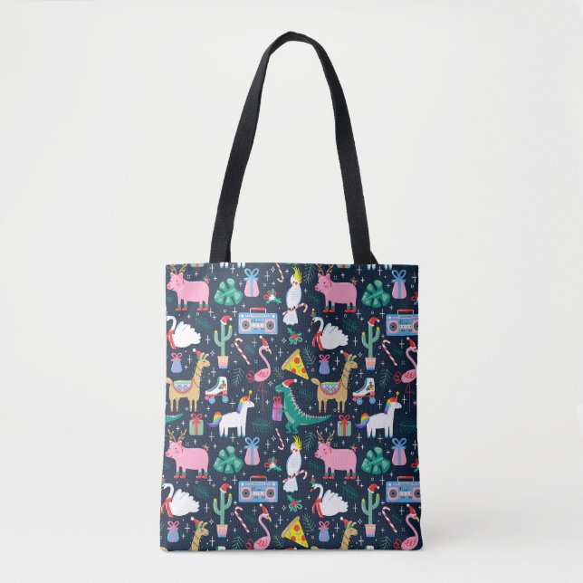 Quirky Holiday Animals and Icons Pattern Tote Bag (Front)