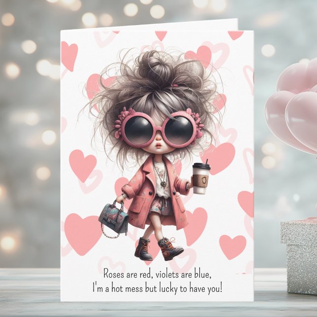 Quirky Hot Mess Girl Pink Hearts Valentine's Day Holiday Card (Creator Uploaded)