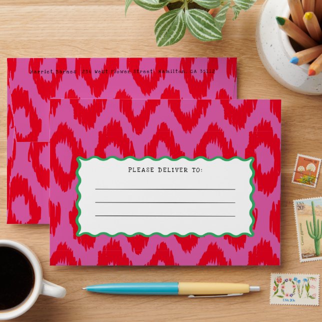 Quirky Hot Pink and Red Ogee Pattern Wavy Line Envelope (Desk)