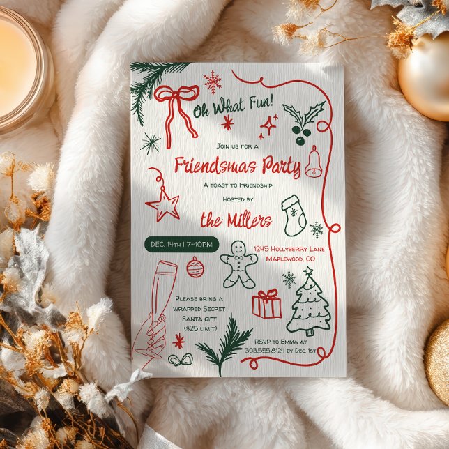 Quirky Illustrated Red Green Friendsmas Christmas Invitation (Quirky Illustrated Red Green Friendsmas Christmas Invitation)