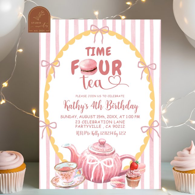 Quirky Illustration Time FOUR tea 4th Birthday Invitation (Creator Uploaded)