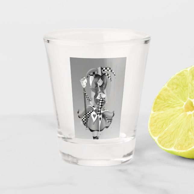 Quirky Jester and puppet king Shot Glass (Front)