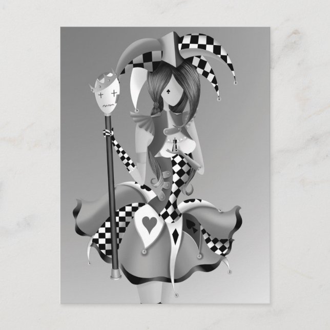 Quirky Jester & Puppet King Monochrome  Postcard (Front)