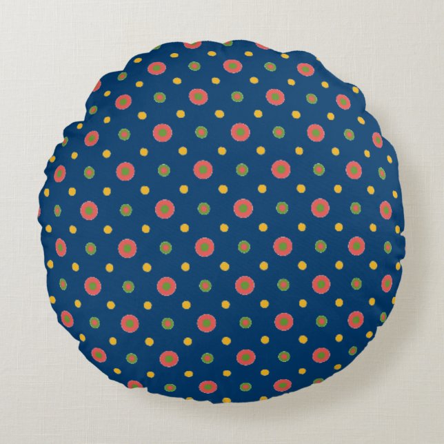 Quirky Jumbo Polka Dots on Navy Blue Round Pillow (Front)