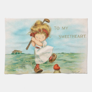 Quirky Kitschy Golf Themed Valentine, circa 1915 Tea Towel